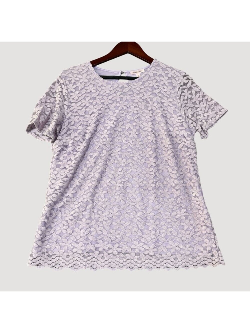 NWT Teddi Rose Women's Lace Top L Purple Floral Short Sleeve Scalloped Hem H2134